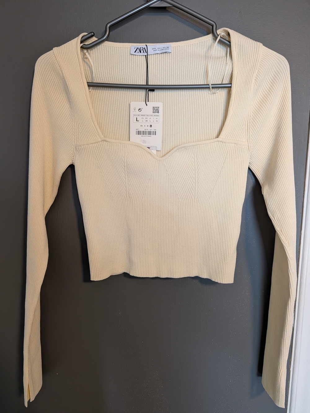 Zara Ribbed Knit Sweetheart Neckline Long Sleeve Crop Top Size L NWT